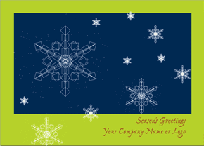 Manufacturing industry holiday card sports a bright green border surrounding a deep blue night sky with digitally drawn snowflakes. Your greeting and company name are on the front.