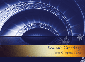 These elegant legal Christmas cards blend modern and traditional with a beautiful staircase design in shades of deep blue. A gold band at the bottom holds your choice of greeting and company name.