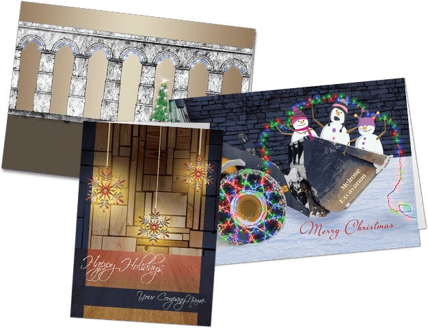 Personalized business Christmas cards image of just three of the many designs in the Cardphile gallery collection of designs. This image includes the range from corporate looks to playful snowmen in construction loaders.