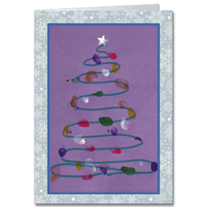 Charity Christmas card with fingerprint tree pattern on purple background and a silver star atop the tree.