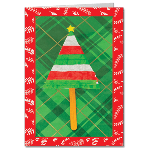 Bright green and red plaid patterns with a red border form a Christmas tree on this charity Christmas card.