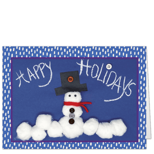 Charity Christmas card with a cute snowman made out of cotton balls and a black top hat and red scarf.