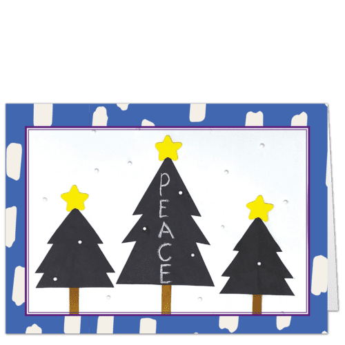 Christmas card with three chalkboard trees and the word Peace on the middel one. All three have yellow stars atop and there is a blue and white border.