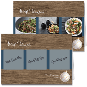 Custom holiday photo cards for business feature a wood grain image surrounding three frames for you to upload your own wonderful images. Holiday greeting selection and your company name is included on the card front. Sample images display delicious food.