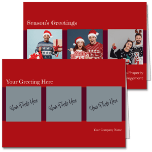 Christmas photo cards with a red border and burgundy bands to accent three photos. You can upload your own three images and edit the card front greeting and add your company name on the card front.