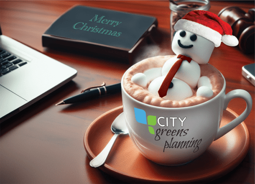 Executive card featuring your own full color logo on a mug of cocoa. A jolly marshmallow man is lounging in the cocoa.