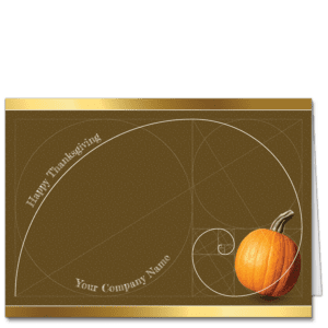 This elegant company Thanksgiving card features your company name on the front and a delineated Fibonacci spiral in white on a rust background. It ends in a bright orange pumpkin.