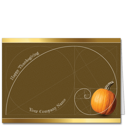 This elegant company Thanksgiving card features your company name on the front and a delineated Fibonacci spiral in white on a rust background. It ends in a bright orange pumpkin.