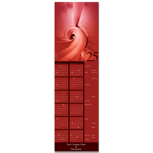 Business calendar greeting card with stone spiral stair column in rich red hues.