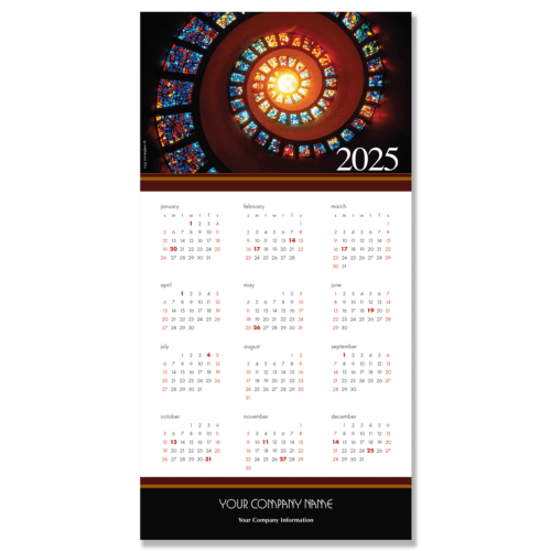 A beautiful Business Calendar Card Greeting featuring a spiral stained glass ceiling image and your company name and info.