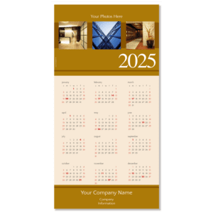 Business Photo Calendar Card with 3 places for your own photos and featuring your company name and info on the bottom. Calendar card colors are shades of umber and rust.