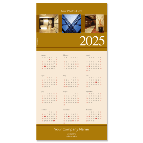 Business Photo Calendar Card with 3 places for your own photos and featuring your company name and info on the bottom. Calendar card colors are shades of umber and rust.