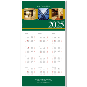 Custom large business calendar card with green borders can include your own images and your company name on front.