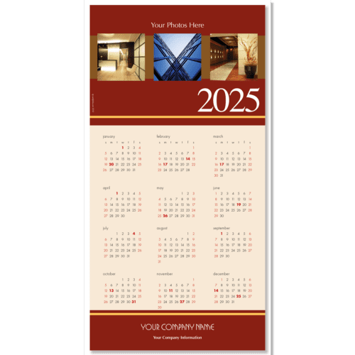 This rich rust colored background borders your own images that you can upload to create an impressive calendar greeting card with your company name on the bottom.