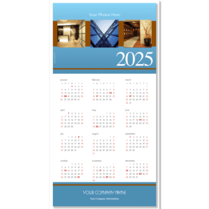 This fresh sky blue colored background borders your own uploaded images to create an impressive calendar greeting card with your company name on the bottom.