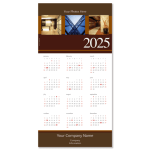 Custom Photo Calendar Card with 3 places for your own photos and featuring your company name and info on the bottom. Calendar card colors are shades of deep brown and rust.