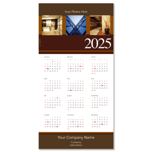 Custom Photo Calendar Card with 3 places for your own photos and featuring your company name and info on the bottom. Calendar card colors are shades of deep brown and rust.