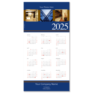 Custom Photo Calendar Card with 3 places for your own photos and featuring your company name and info on the bottom. Calendar card colors are shades of deep Indigo blue and rust.