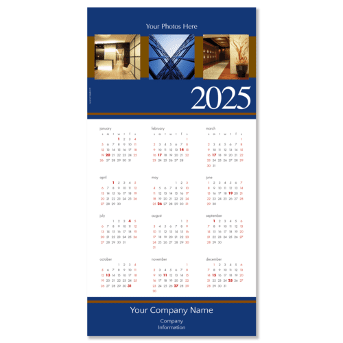 Custom Photo Calendar Card with 3 places for your own photos and featuring your company name and info on the bottom. Calendar card colors are shades of deep Indigo blue and rust.