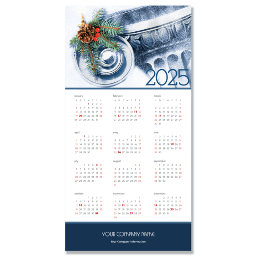 A corporate calendar greeting card with an ionic column capital adorned with a fir spray and red berries.