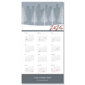 A business calendar greeting card with a winter scene of white trees against a city background. Tiny red birds are on the trees.