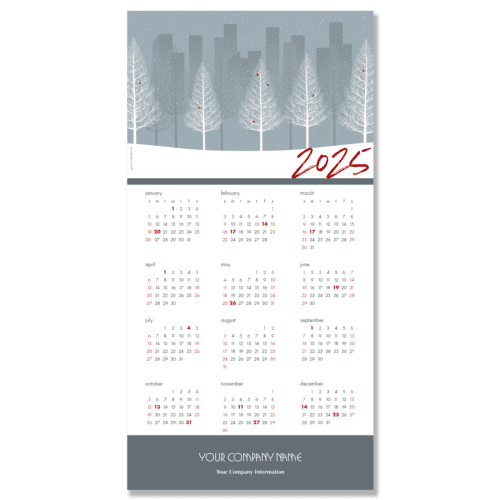 A business calendar greeting card with a winter scene of white trees against a city background. Tiny red birds are on the trees.