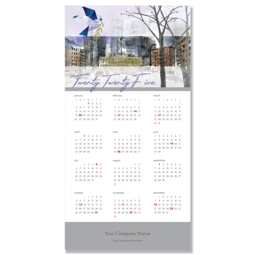 An architecture firm calendar card featuring a sketch of a city square and and origami dove made of a blueprint.