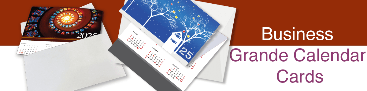 Grande size business calendar card designs that are customizable with your company info and fold to fit in A8 announcement envelopes. Two shown are of stained glass spiral and a winter scene of white houses with blue sky background.