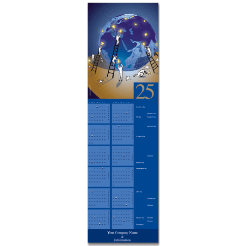 This business calendar card exemplifies teamwork as small figures on ladders work together to adorn the globe with stars. You company name and info is featured at the bottom of the card.