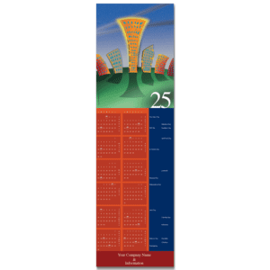 Business calendar card featuring a big city scene in bright hues of orange blue and green. Your company name and info is featured on the bottom.