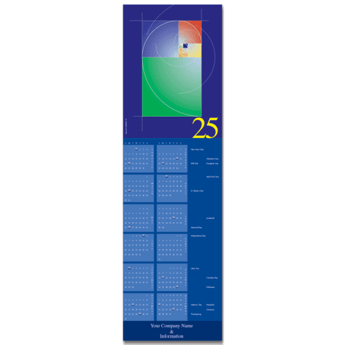 A business calendar card in hues of blue and purple with warm accents and featuring the Fibonacci spiral.