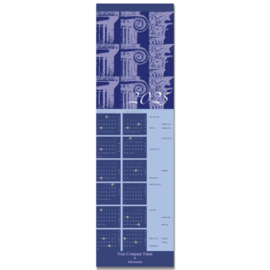 A business calendar card for architects featuring different styles of architectural column capitals in shades of blue.