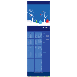 Calendar greeting cards with a wintry scene. Simple houses in primary colors adorn this 12 month calendar greeting card with your company name on the front.