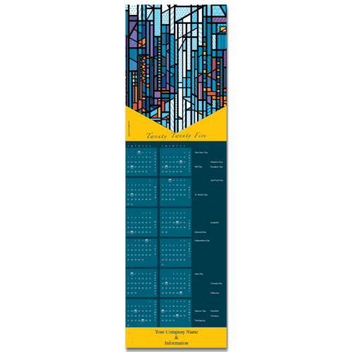 Business calendar greeting card design with stained glass Wright style window and your company info.