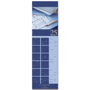 Holiday lights festoon the architectural blueprints on this business calendar card for architects.