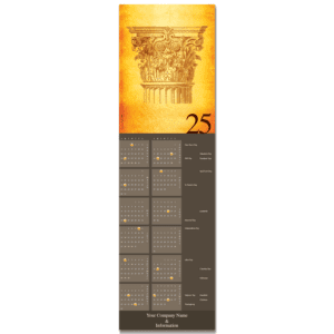 This 12 month business calendar card features a Corinthian column at the top in rich golden hues and your company name and info on the bottom.