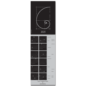 This elegant Fibonacci spiral themed calendar greeting card is printed on our silver metallic card stock. It features your company name on the bottom.