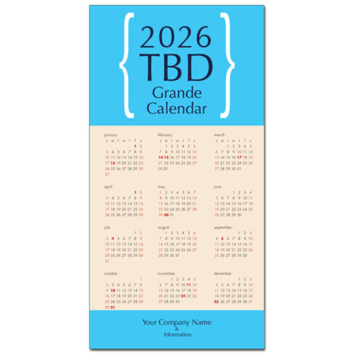 Text reads 2026 TBD Grande Calendar in this placeholder image for discount business holiday calendar orders and links to purchase product with the design to be determined later.