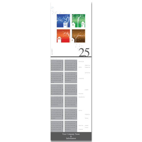This business calendar card features a residential scene through all four season and your company info on the bottom.